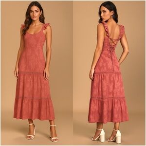 LULU’S Dusty Rose Floral Lace Up Backless Maxi Dress